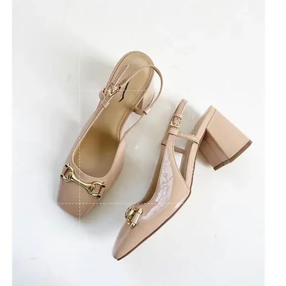 Ann Taylor Patent Square Toe Slingback Pumps Nude 7.5 - Picture 5 of 6